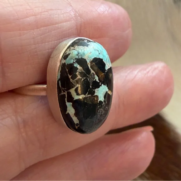 ❤️ Black Jack Turquoise Rare Sky Blue Black Matrix Sterling Ring Sz8 Unisex Ring - Picture 3 of 15